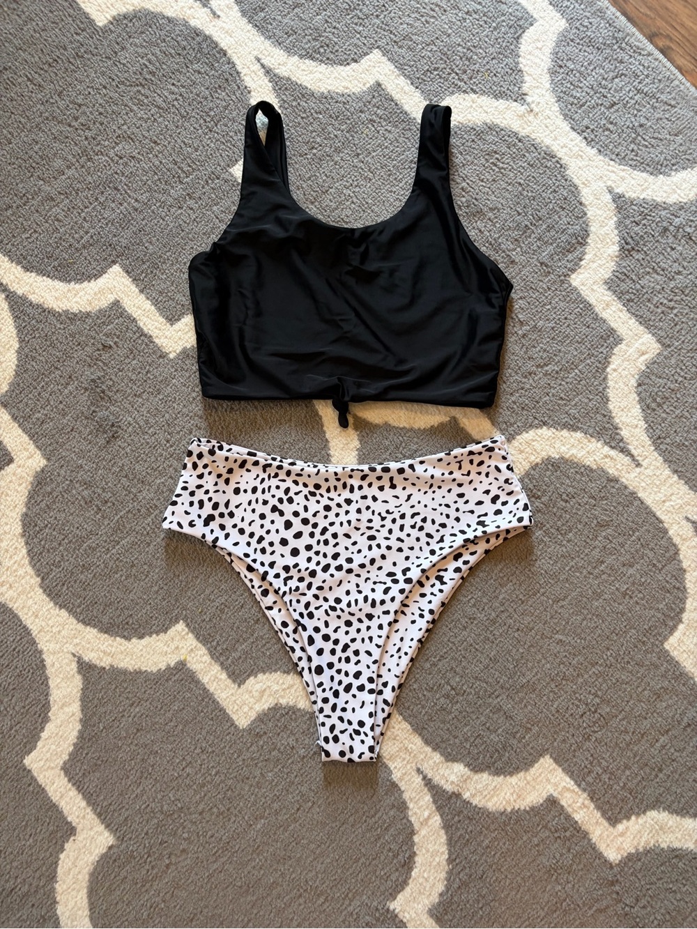 SHEIN Black Tank Bikini Top with White Black Spot High-Waist Bottoms